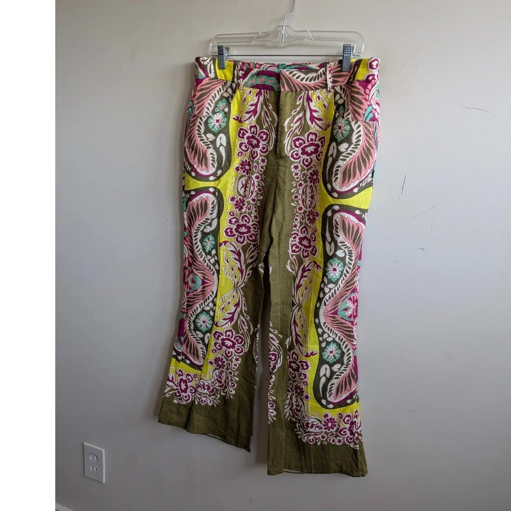 Zara Women Olive Green Pink Paisley Floral Scarf Print Linen Blend Pants L